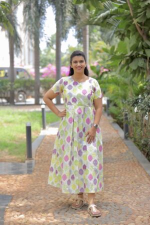 Multicolor Hakoba maternity maxi dress with leaf prints and invisible feeding zips – Aayizhai