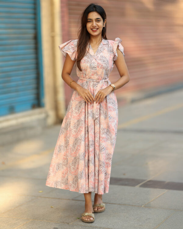 "Peach & grey printed silk cotton maxi frock with flutter sleeves – Aayizhai Fashions"