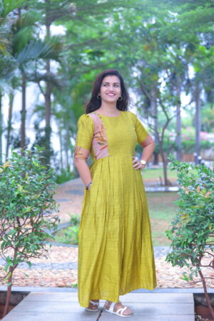 Olive green silk maternity maxi dress with contrast patch – Aayizhai