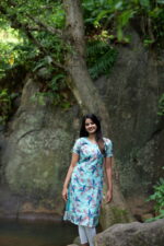 "Blue linen cotton printed kurti with multicolor leafy design – Aayizhai casual wear"