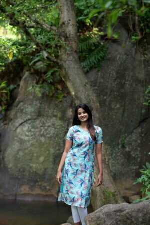"Blue linen cotton printed kurti with multicolor leafy design – Aayizhai casual wear"