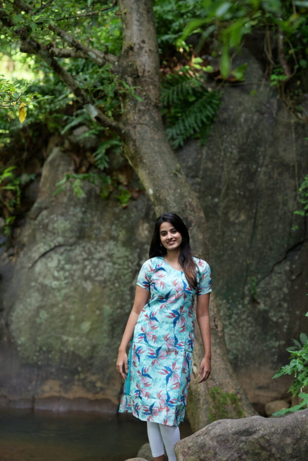 "Blue linen cotton printed kurti with multicolor leafy design – Aayizhai casual wear"