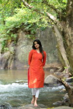"Orange silk kurti with minimal woven motifs – Aayizhai Fashions"
