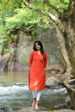 "Orange silk kurti with minimal woven motifs – Aayizhai Fashions"