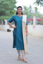 Feeding-friendly teal blue maternity kurti with invisible side zips