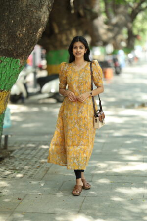 "Yellow floral cotton maxi dress with puff sleeves – Aayizhai Fashions, casual summer wear"