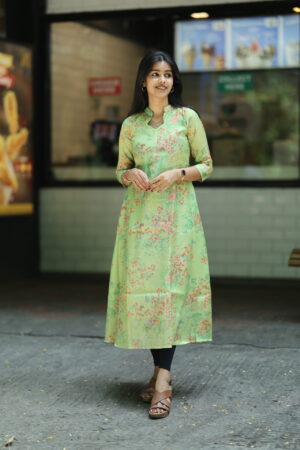 "Lime green floral cotton A-line kurti with 3/4th sleeves – Aayizhai Fashions casual ethnic wear"