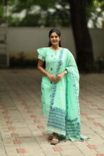 "Pastel green cotton kurti top with blue handblock dupatta – Aayizhai Fashions"