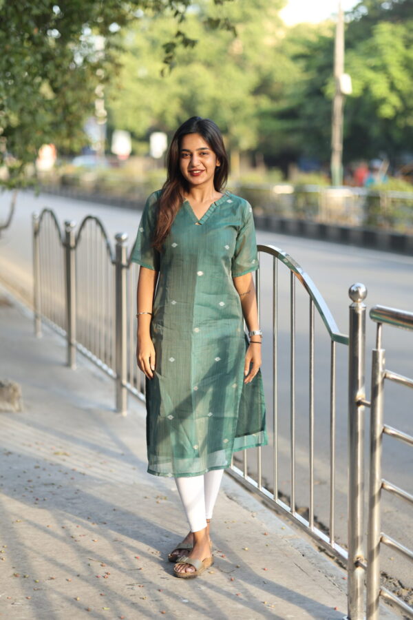 Teal green cotton straight kurti with woven motifs – Aayizhai