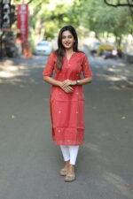 Rust red cotton straight kurti with woven motifs – Aayizhai