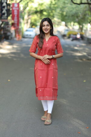 Rust red cotton straight kurti with woven motifs – Aayizhai