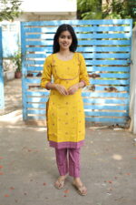 "Yellow & purple cotton coord set with kurti and striped pants – Aayizhai Fashions"