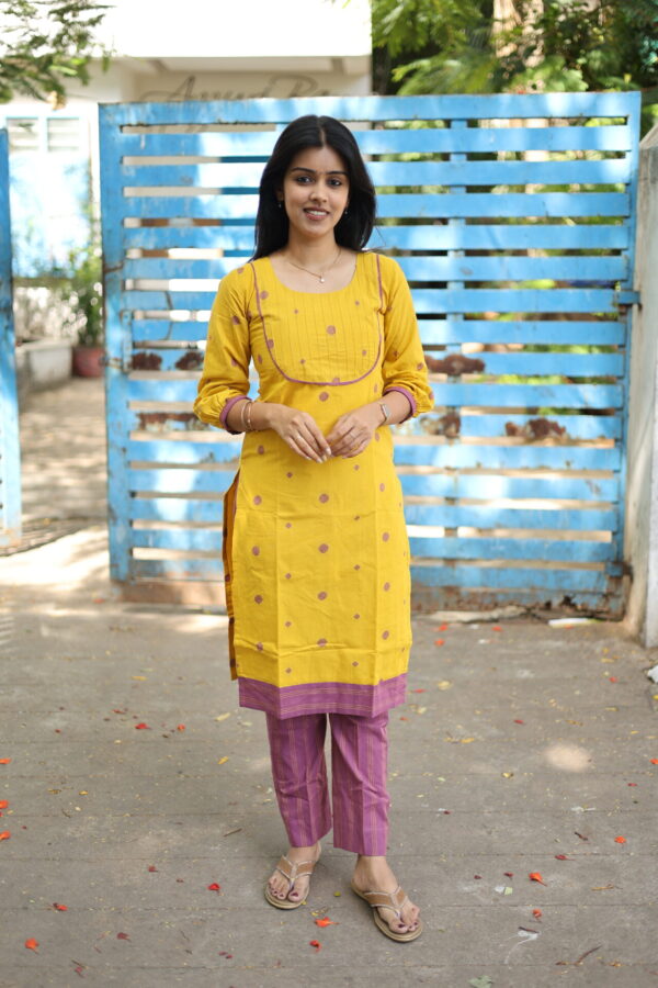 "Yellow & purple cotton coord set with kurti and striped pants – Aayizhai Fashions"