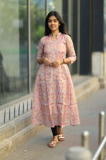 "Pink floral cotton maxi frock with 3/4th sleeves – Aayizhai Fashions"