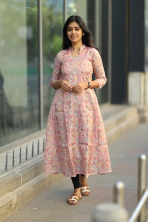 "Pink floral cotton maxi frock with 3/4th sleeves – Aayizhai Fashions"