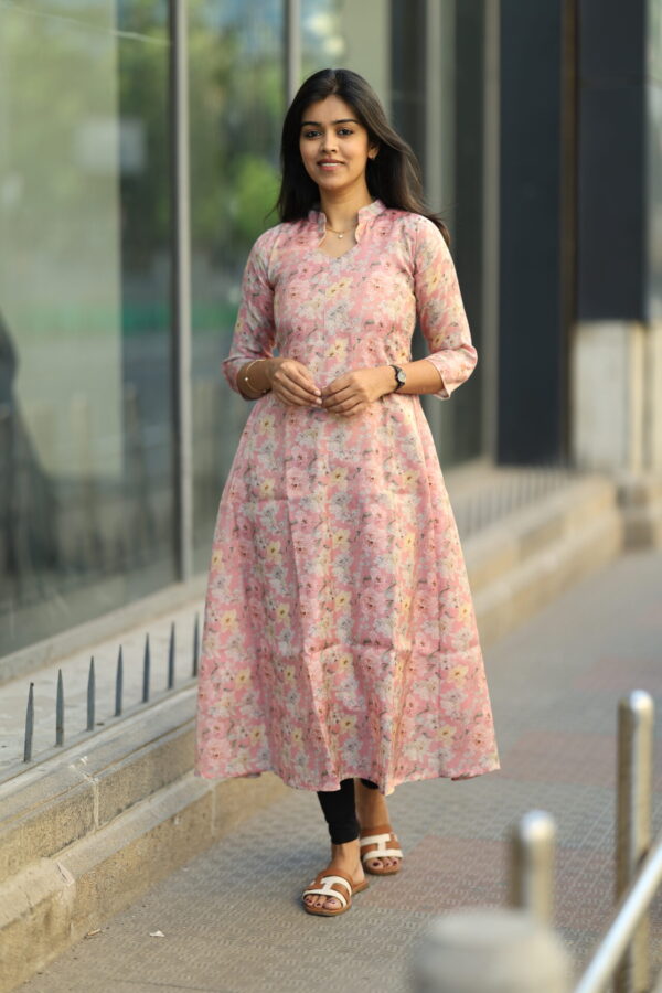 "Pink floral cotton maxi frock with 3/4th sleeves – Aayizhai Fashions"