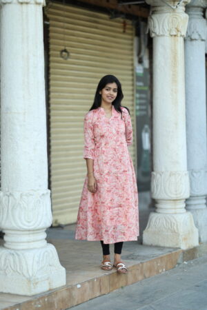 "Pink floral cotton maxi frock with 3/4th sleeves – Aayizhai Fashions"