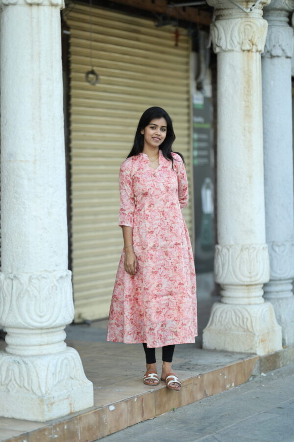 "Pink floral cotton maxi frock with 3/4th sleeves – Aayizhai Fashions"