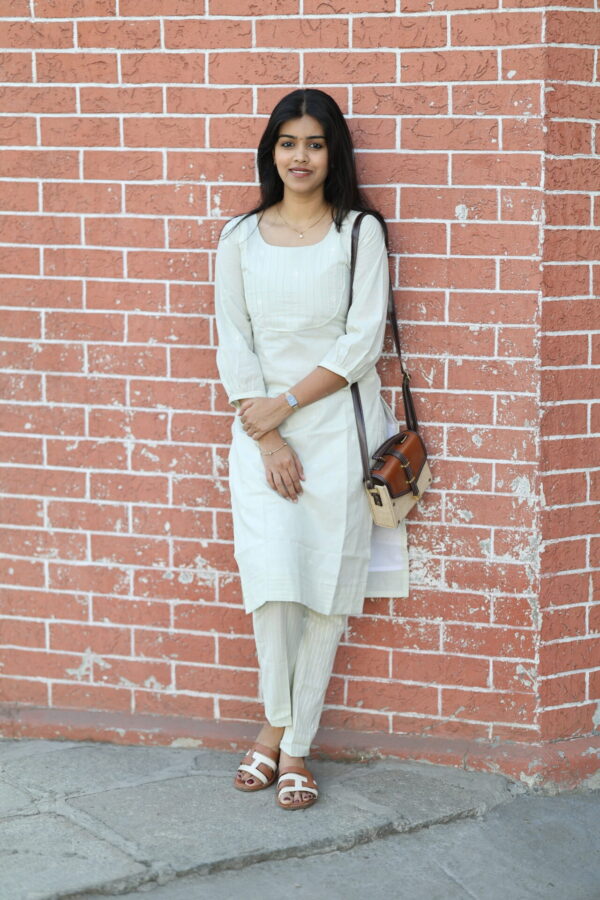 "Cream cotton coord set with pintuck kurti and matching pants – Aayizhai Fashions"
