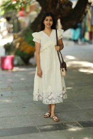 "Cream cotton embroidered maxi frock with flutter sleeves – Aayizhai Fashions"