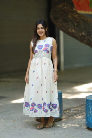 "Ivory cotton embroidered maxi frock with floral embroidery on bodice & hemline – Aayizhai Fashions"