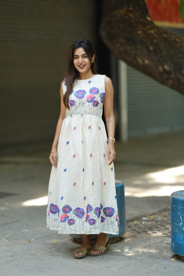 "Ivory cotton embroidered maxi frock with floral embroidery on bodice & hemline – Aayizhai Fashions"