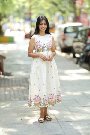 "White cotton maxi frock with floral embroidery and attached sleeve – Aayizhai Fashions"