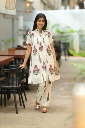"White cotton co-ord set with maroon floral and leafy prints – Aayizhai Fashions"