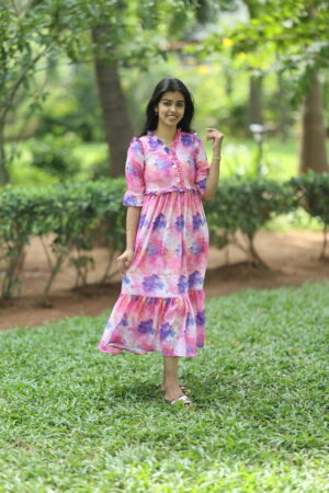 Pink & purple watercolor print cotton maxi dress – Aayizhai Fashions