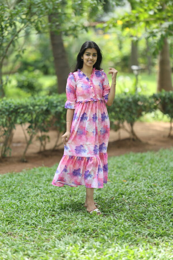 Pink & purple watercolor print cotton maxi dress – Aayizhai Fashions