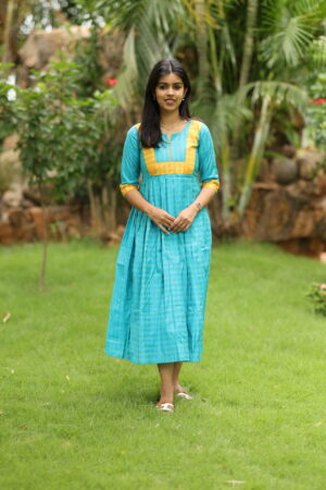 "Teal blue silk maxi frock with mustard border – Aayizhai Fashions"