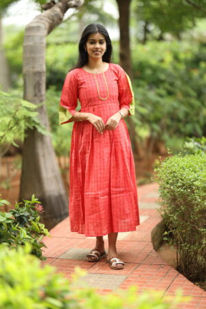 "Red silk maxi frock with green contrast sleeves – Aayizhai Fashions"