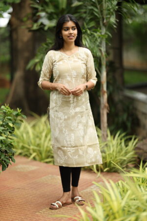 "Beige floral cotton kurti with white prints – Aayizhai Fashions"