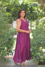 Wine purple striped cotton maternity maxi dress with puff floral sleeves – Aayizhai Fashions