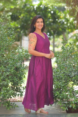 Wine purple striped cotton maternity maxi dress with puff floral sleeves – Aayizhai Fashions