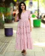 "Pink silk cotton maxi frock with ruffle layers – Aayizhai Fashions"