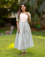 "Pastel dual-tone silk cotton maxi frock with puff sleeves – Aayizhai Fashions"