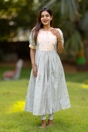 "Pastel dual-tone silk cotton maxi frock with puff sleeves – Aayizhai Fashions"