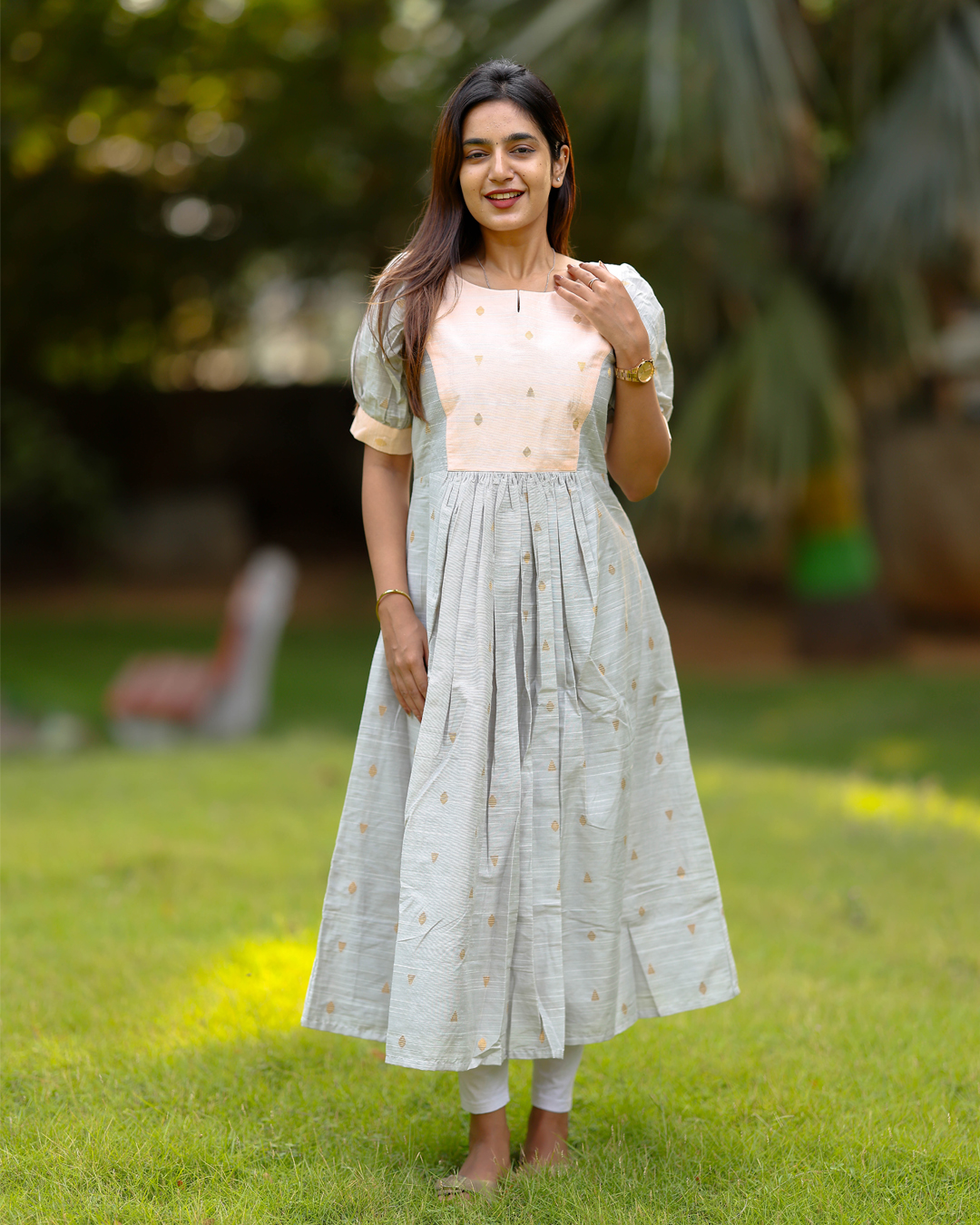 "Pastel dual-tone silk cotton maxi frock with puff sleeves – Aayizhai Fashions"