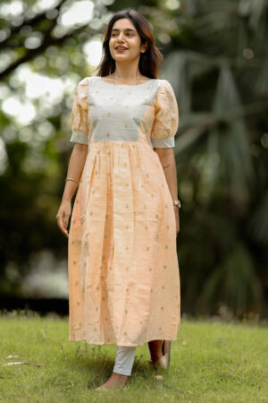 "Pastel peach & grey silk cotton maxi frock with puff sleeves – Aayizhai Fashions"