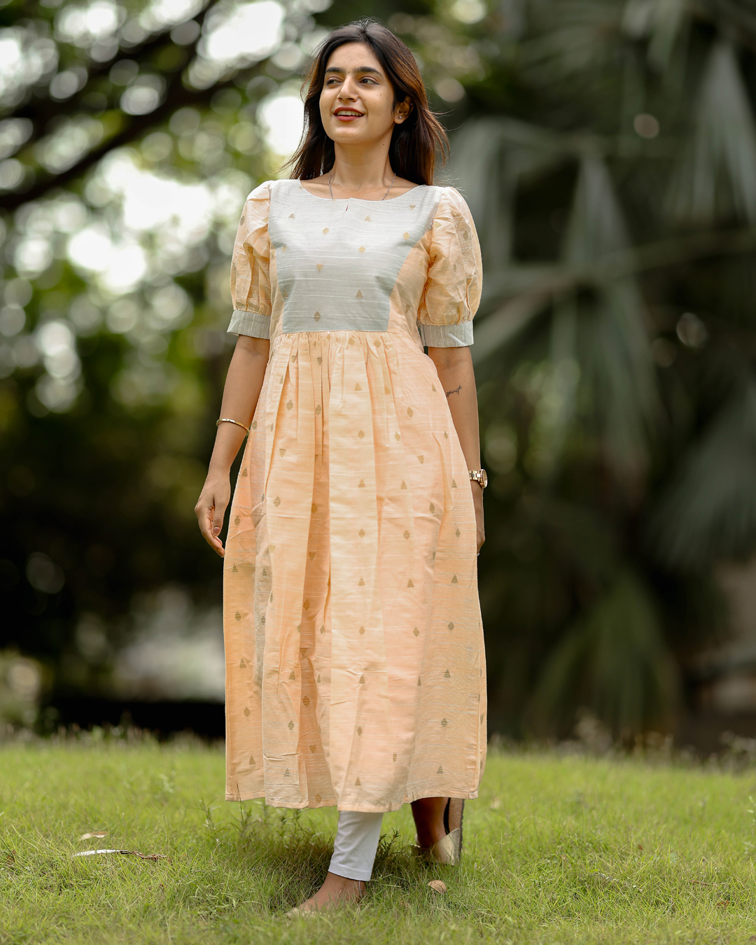 "Pastel peach & grey silk cotton maxi frock with puff sleeves – Aayizhai Fashions"