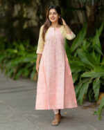 "Pastel pink & beige silk cotton maxi frock with golden woven motifs – Aayizhai Fashions"