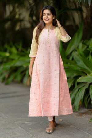 "Pastel pink & beige silk cotton maxi frock with golden woven motifs – Aayizhai Fashions"