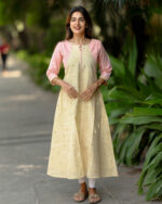 "Beige & pink silk cotton maxi frock with golden woven motifs – Aayizhai Fashions"