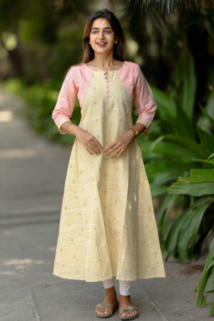 "Beige & pink silk cotton maxi frock with golden woven motifs – Aayizhai Fashions"