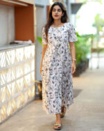 "White floral cotton maxi frock with grey & green prints – Aayizhai Fashions"