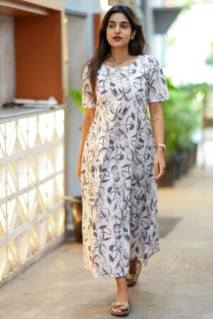 "White floral cotton maxi frock with grey & green prints – Aayizhai Fashions"