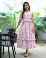 "Pink floral cotton maxi frock with ruffle design – Aayizhai Fashions"