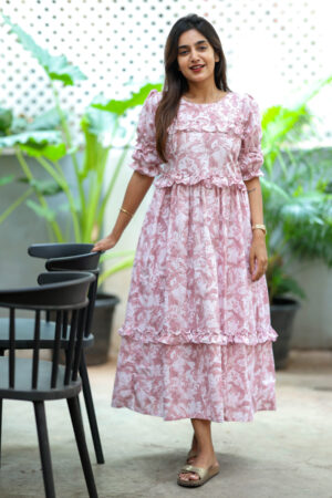"Pink floral cotton maxi frock with ruffle design – Aayizhai Fashions"