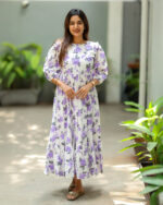 "White & lavender floral cotton maxi frock – Aayizhai Fashions"